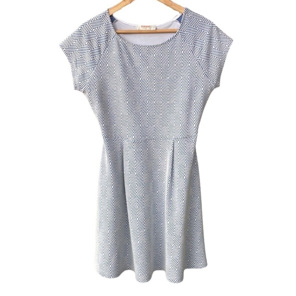 Renee C Dress Blue White Geometric Diamond Fit Flare Mini Preppy Medium Petite